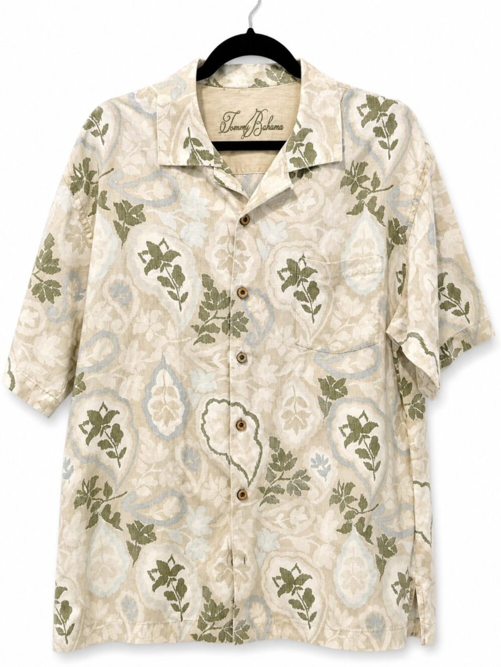 Tommy Bahama Silk Linen Floral Camp Shirt Men’s L Cream Olive Resort Coastal